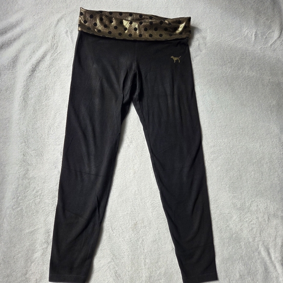 Vintage Victorias Secret Pink Fold Over Yoga Pants Black Gold Polka Dots Sz Med - Picture 2 of 7